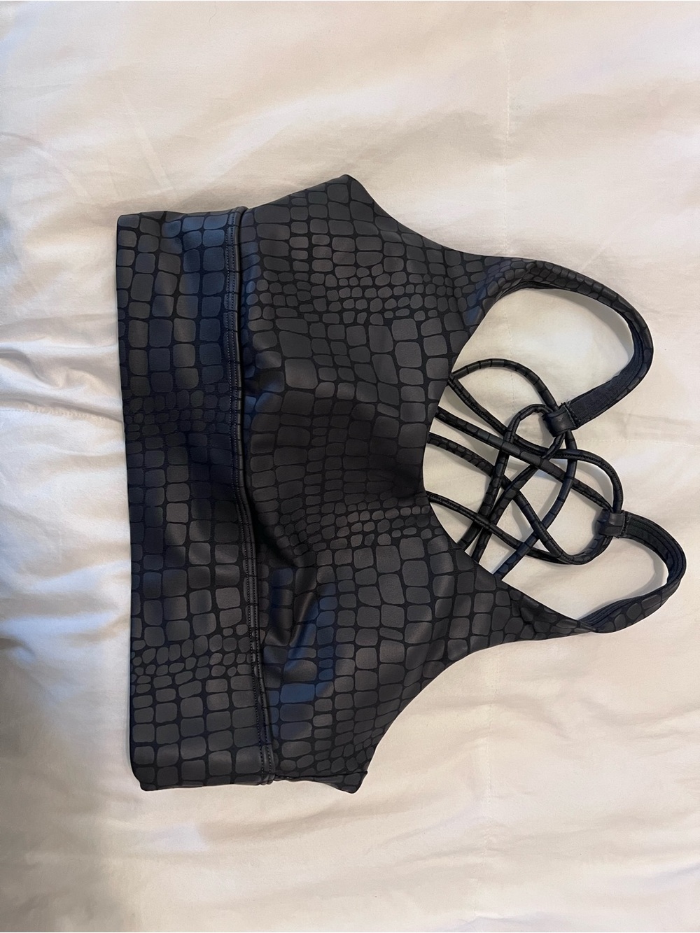 Black Croc-Texture Strappy Sports Bra